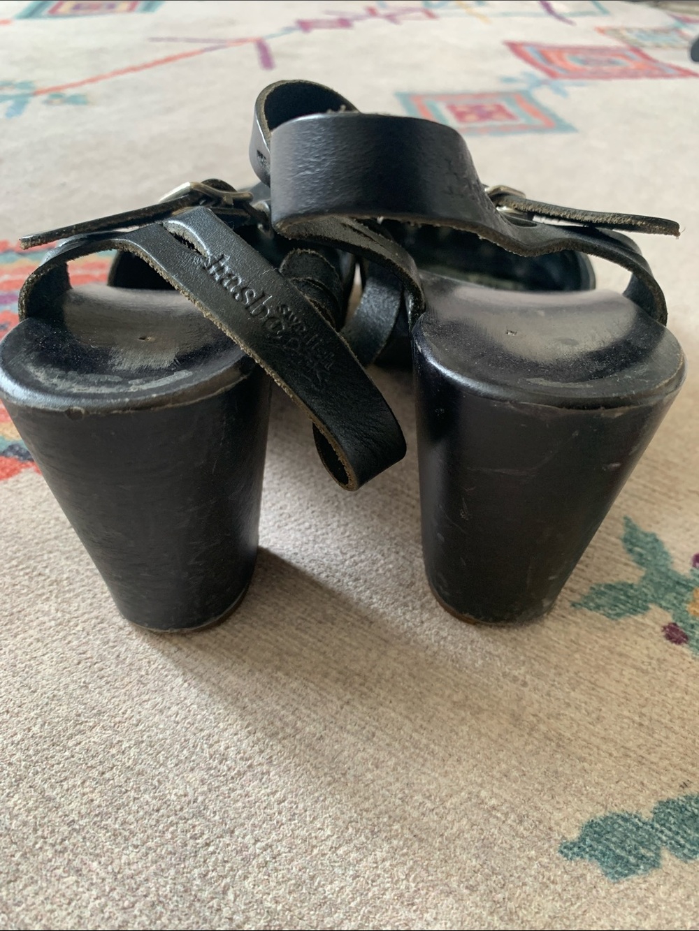 Swedish Hasbeens Black Leather T‑Strap Cutout Wedge Sandals - Picture 2 of 4